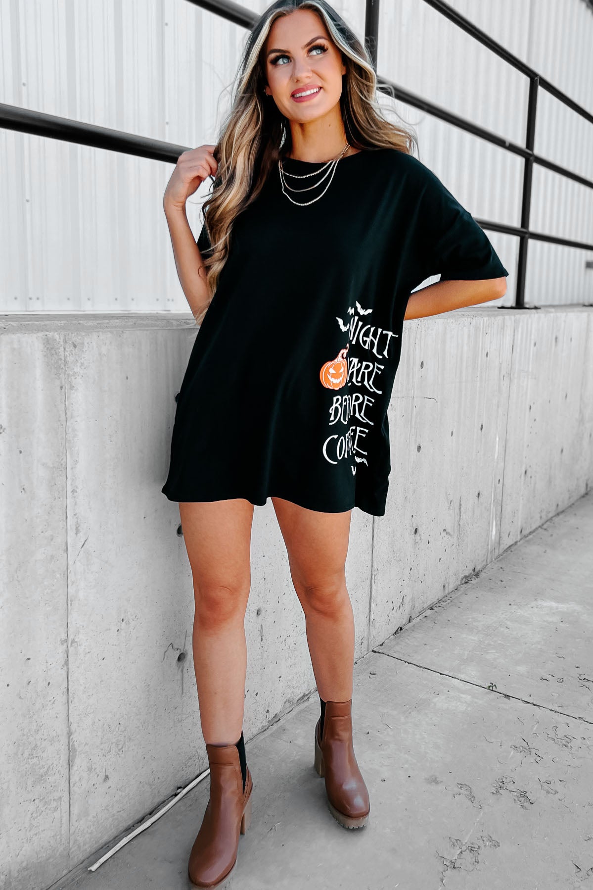 "Nightmare Before Coffee" Oversized Graphic T-Shirt Dress (Black) - Print On Demand - NanaMacs