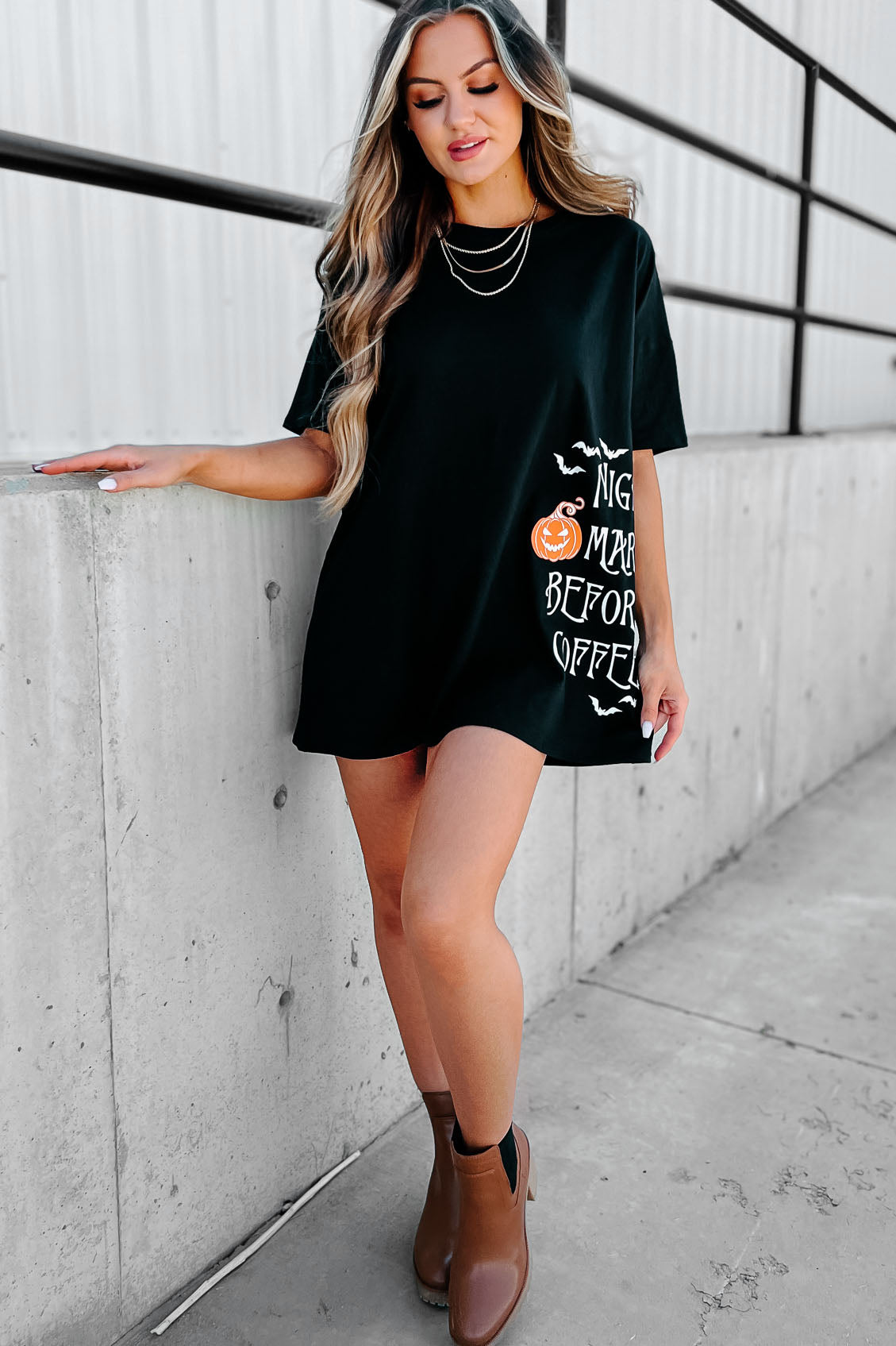 "Nightmare Before Coffee" Oversized Graphic T-Shirt Dress (Black) - Print On Demand - NanaMacs