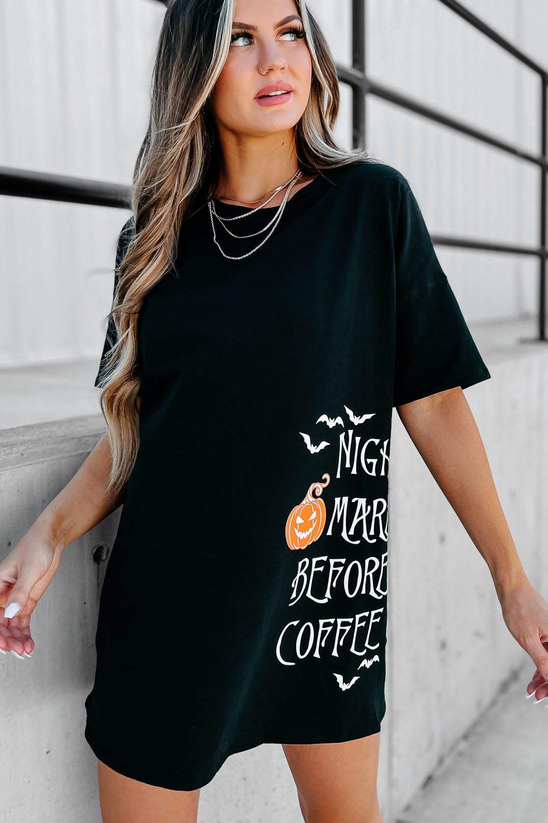 "Nightmare Before Coffee" Oversized Graphic T-Shirt Dress (Black) - Print On Demand - NanaMacs