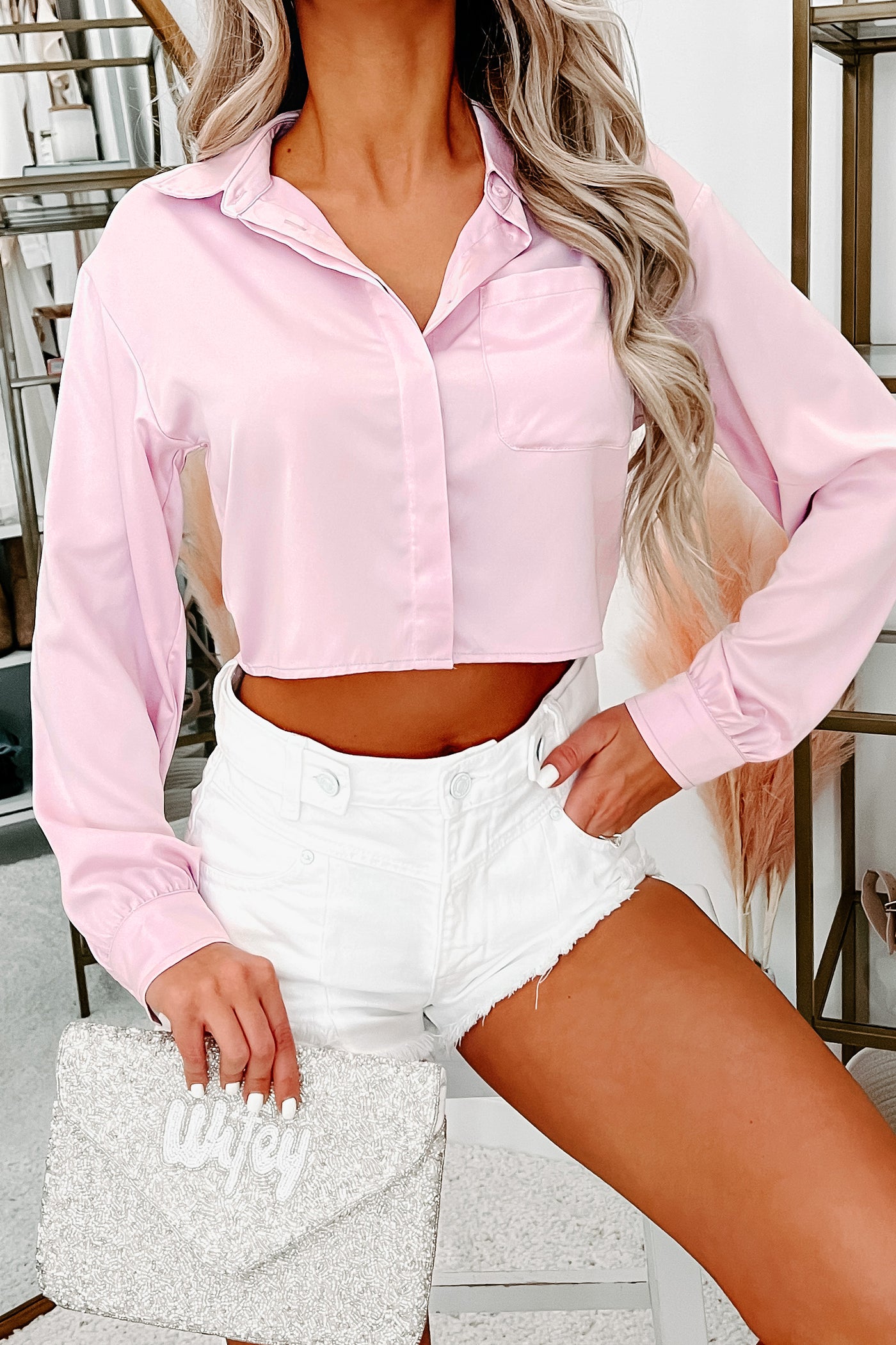Strolls At The Plaza Button-Front Long Sleeve Crop Top (Lilac) - NanaMacs