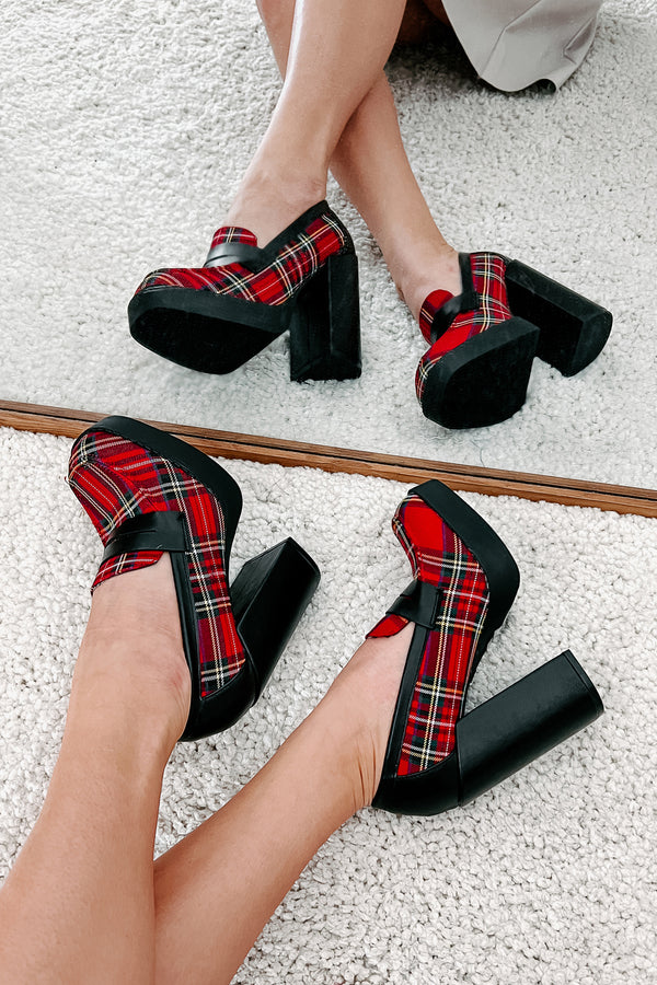 Princeton Prep Heeled Platform Loafers (Red Plaid) - NanaMacs