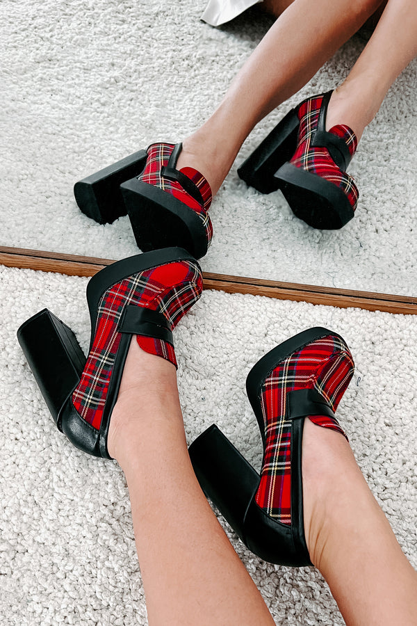 Princeton Prep Heeled Platform Loafers (Red Plaid) - NanaMacs