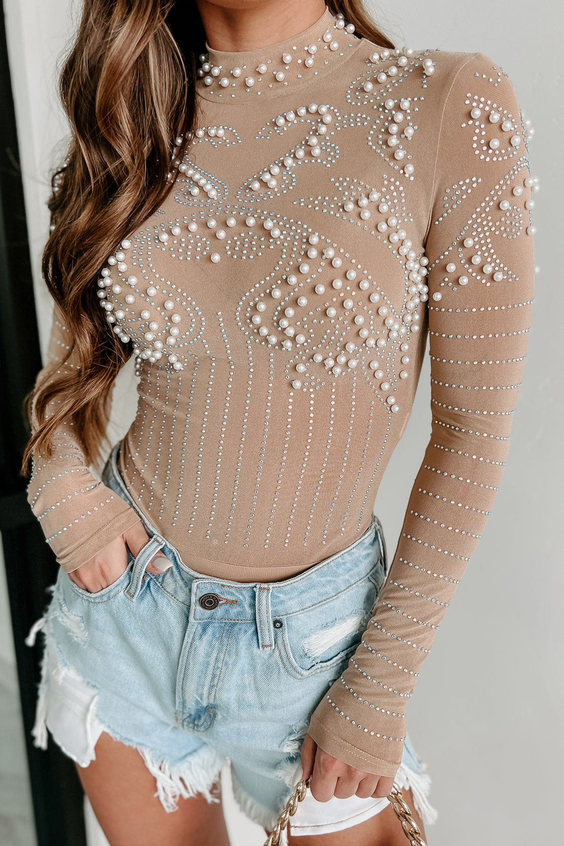 Flirty Phase Mesh Long Sleeve Crop Top With Bralette (Taupe) · NanaMacs