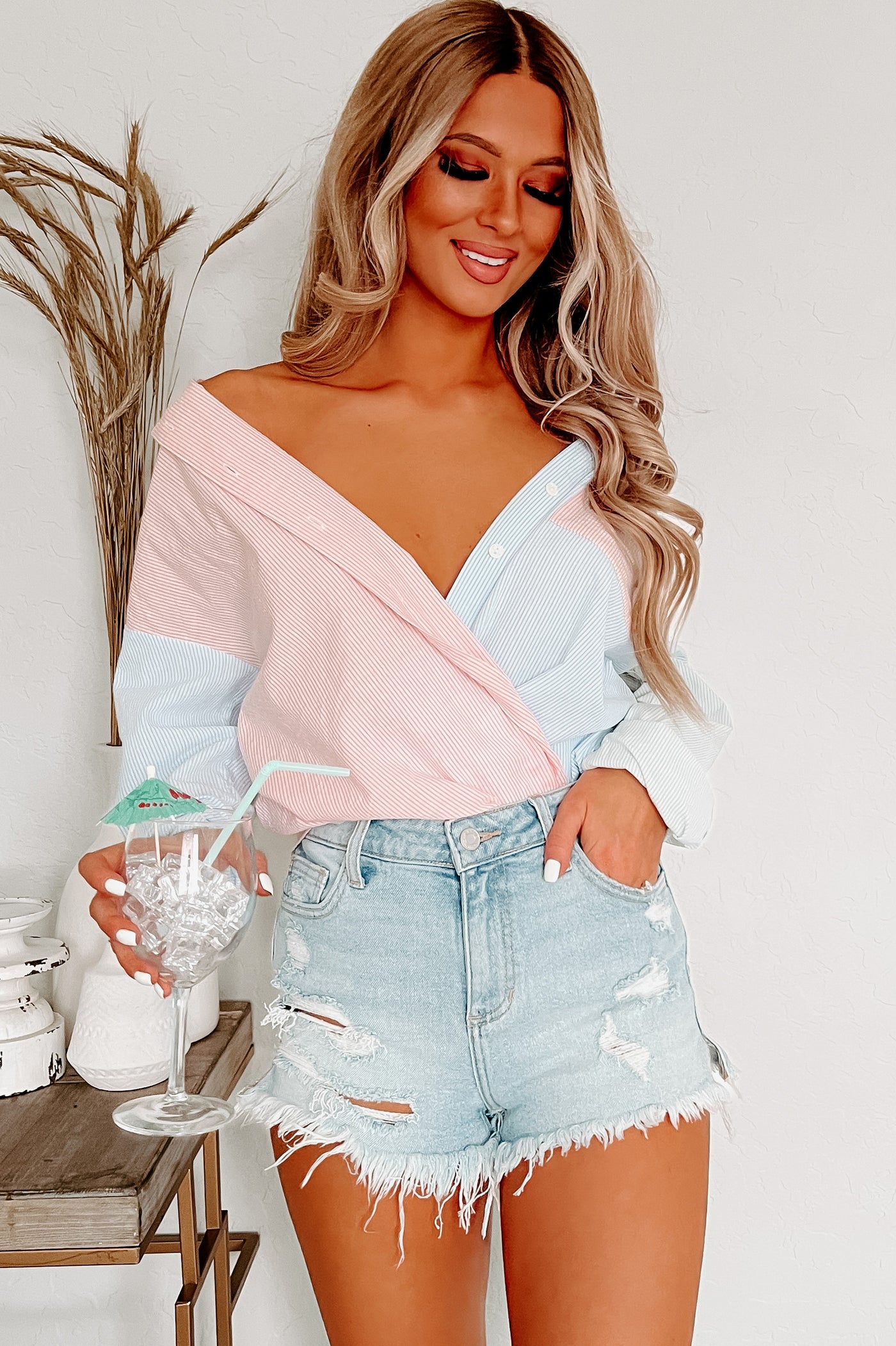 Happy Anywhere Oversized Colorblock Button-Down (Pink/Blue/Green) - NanaMacs