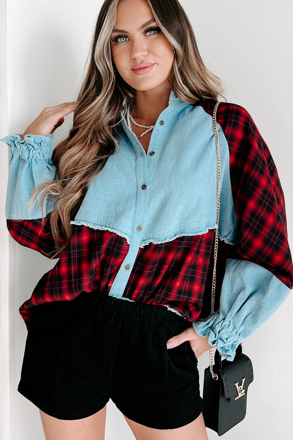 Redeeming Feature Mixes Media Long Sleeve Top (Red/Denim) - NanaMacs