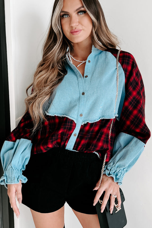 Redeeming Feature Mixes Media Long Sleeve Top (Red/Denim) - NanaMacs