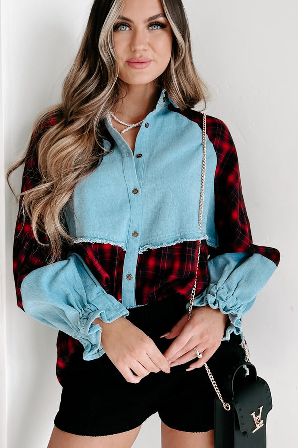 Redeeming Feature Mixes Media Long Sleeve Top (Red/Denim) - NanaMacs