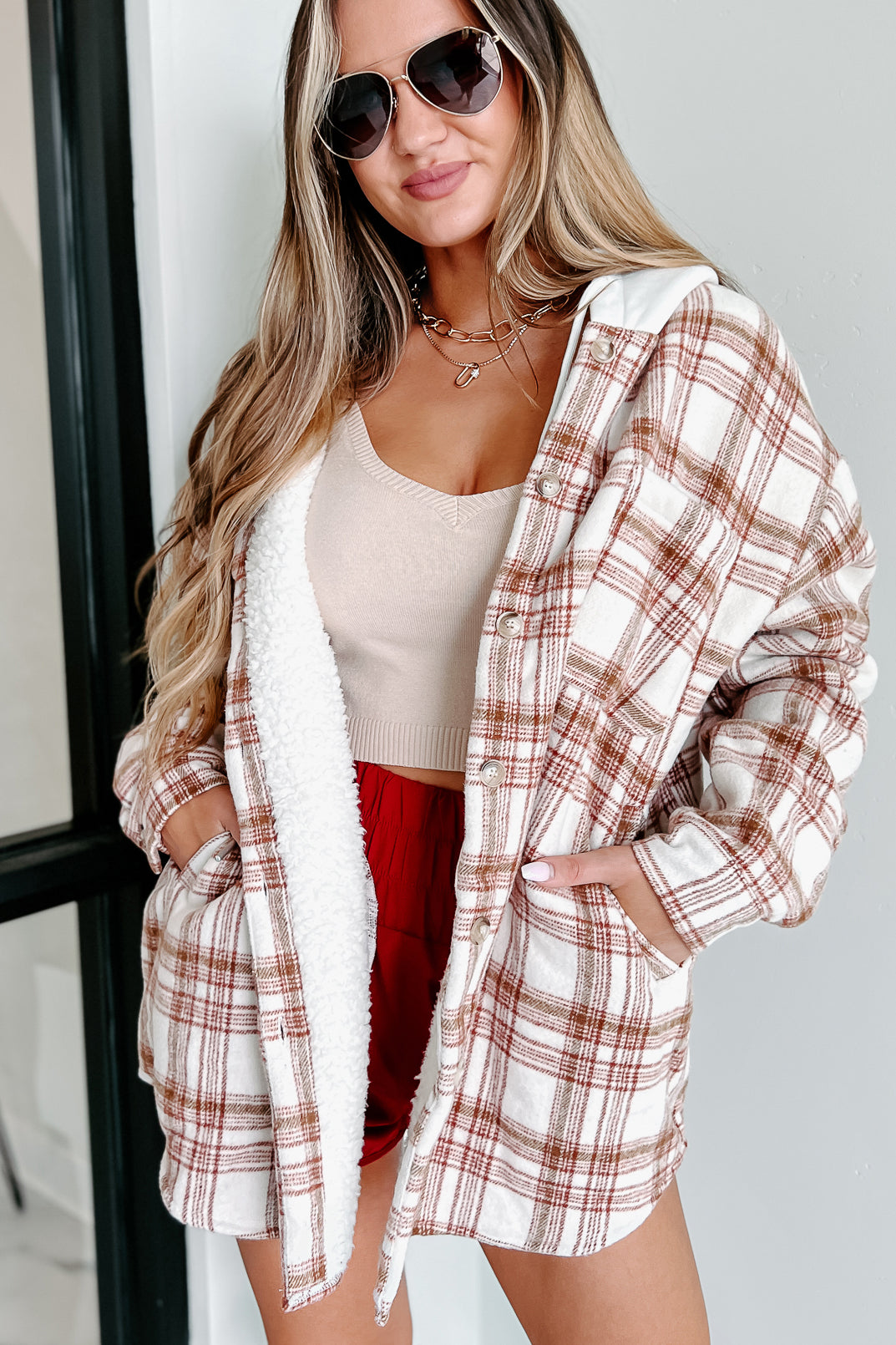 Around The Fire Sherpa Lined Hooded Plaid Jacket (Cream/Red) - NanaMacs