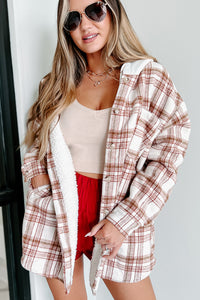 Around The Fire Sherpa Lined Hooded Plaid Jacket (Cream/Red) - NanaMacs