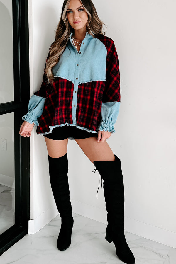 Redeeming Feature Mixes Media Long Sleeve Top (Red/Denim) - NanaMacs