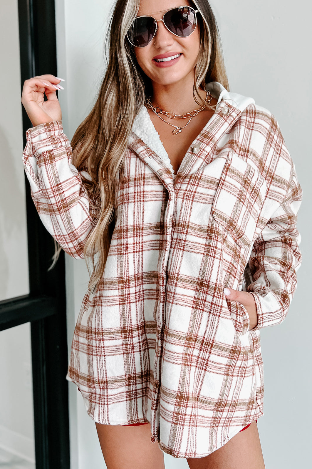 Around The Fire Sherpa Lined Hooded Plaid Jacket (Cream/Red) - NanaMacs