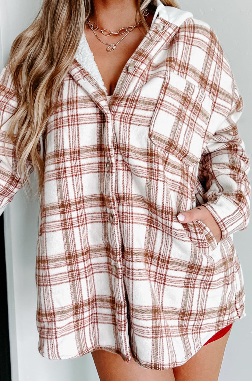 Around The Fire Sherpa Lined Hooded Plaid Jacket (Cream/Red) - NanaMacs