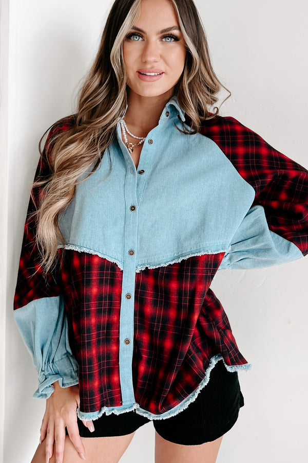 Redeeming Feature Mixes Media Long Sleeve Top (Red/Denim) - NanaMacs