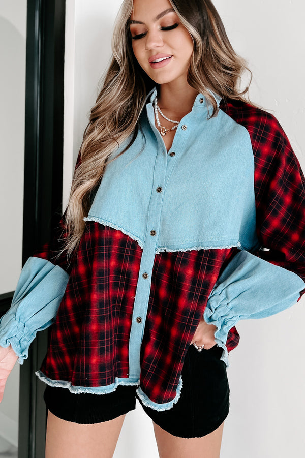 Redeeming Feature Mixes Media Long Sleeve Top (Red/Denim) - NanaMacs