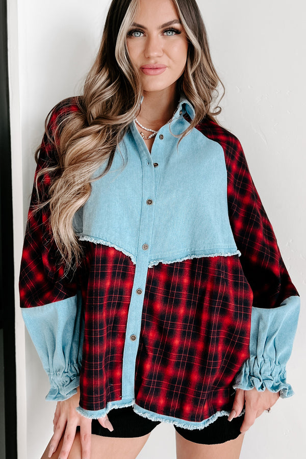 Redeeming Feature Mixes Media Long Sleeve Top (Red/Denim) - NanaMacs