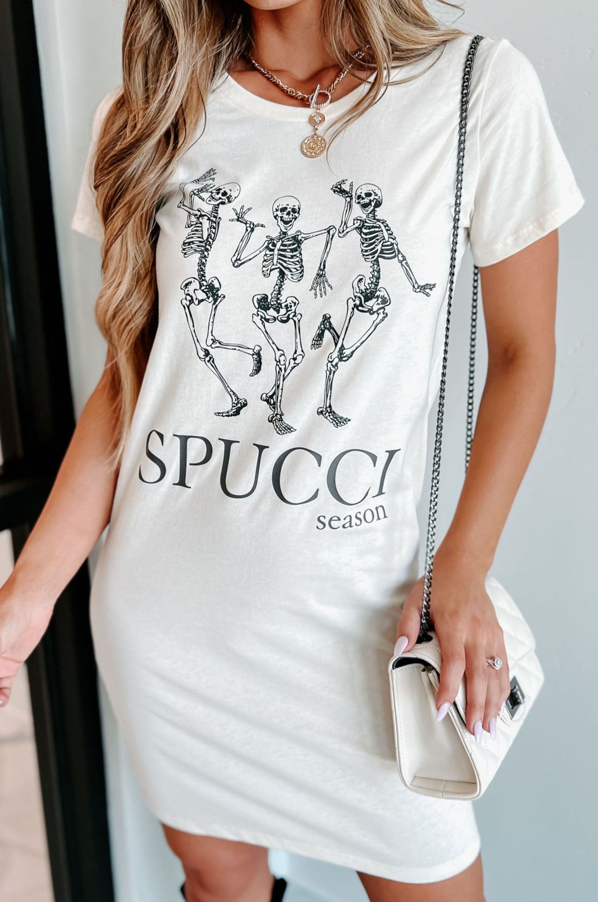 "Spucci Season" Graphic T-Shirt Dress (Cream) - Print On Demand - NanaMacs
