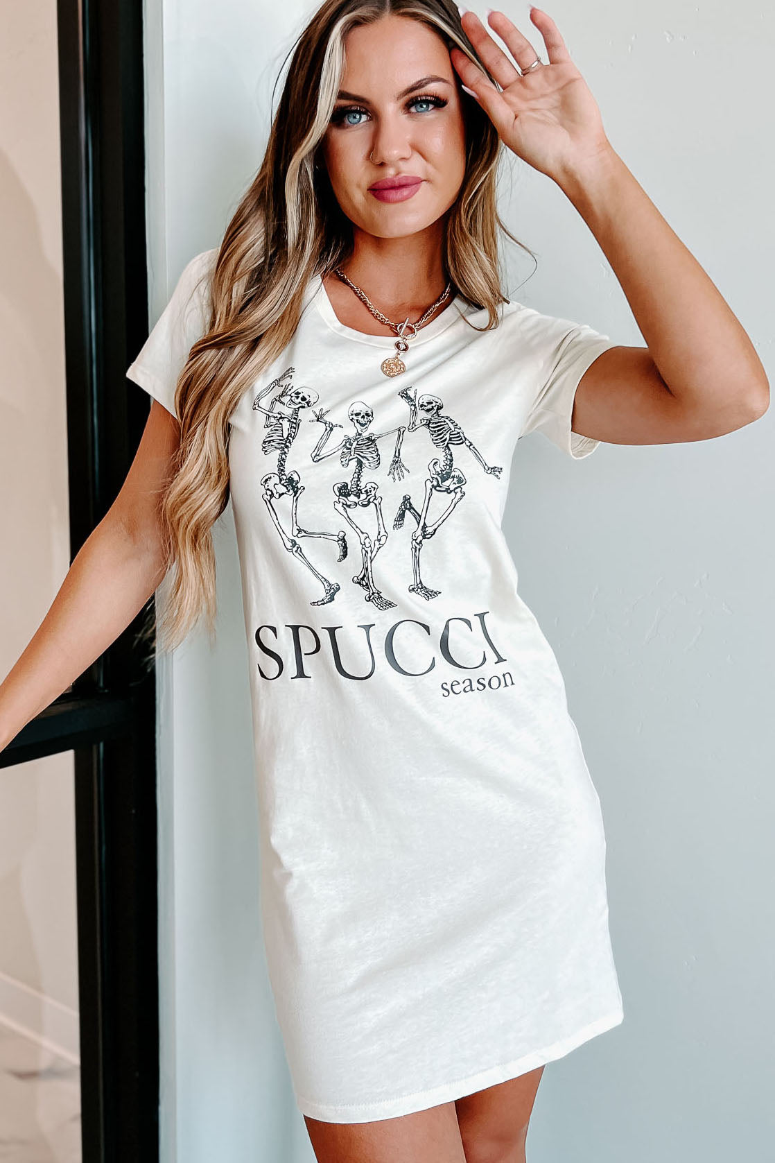 "Spucci Season" Graphic T-Shirt Dress (Cream) - Print On Demand - NanaMacs