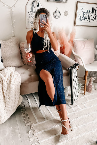 Light Up The Night One Shoulder Cut-Out Midi Dress (Navy) - NanaMacs