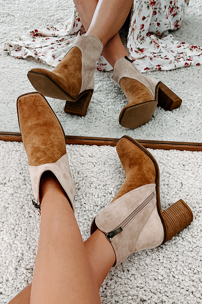 Right Foot Forward Two-Tone Faux Suede Bootie (Taupe) - NanaMacs