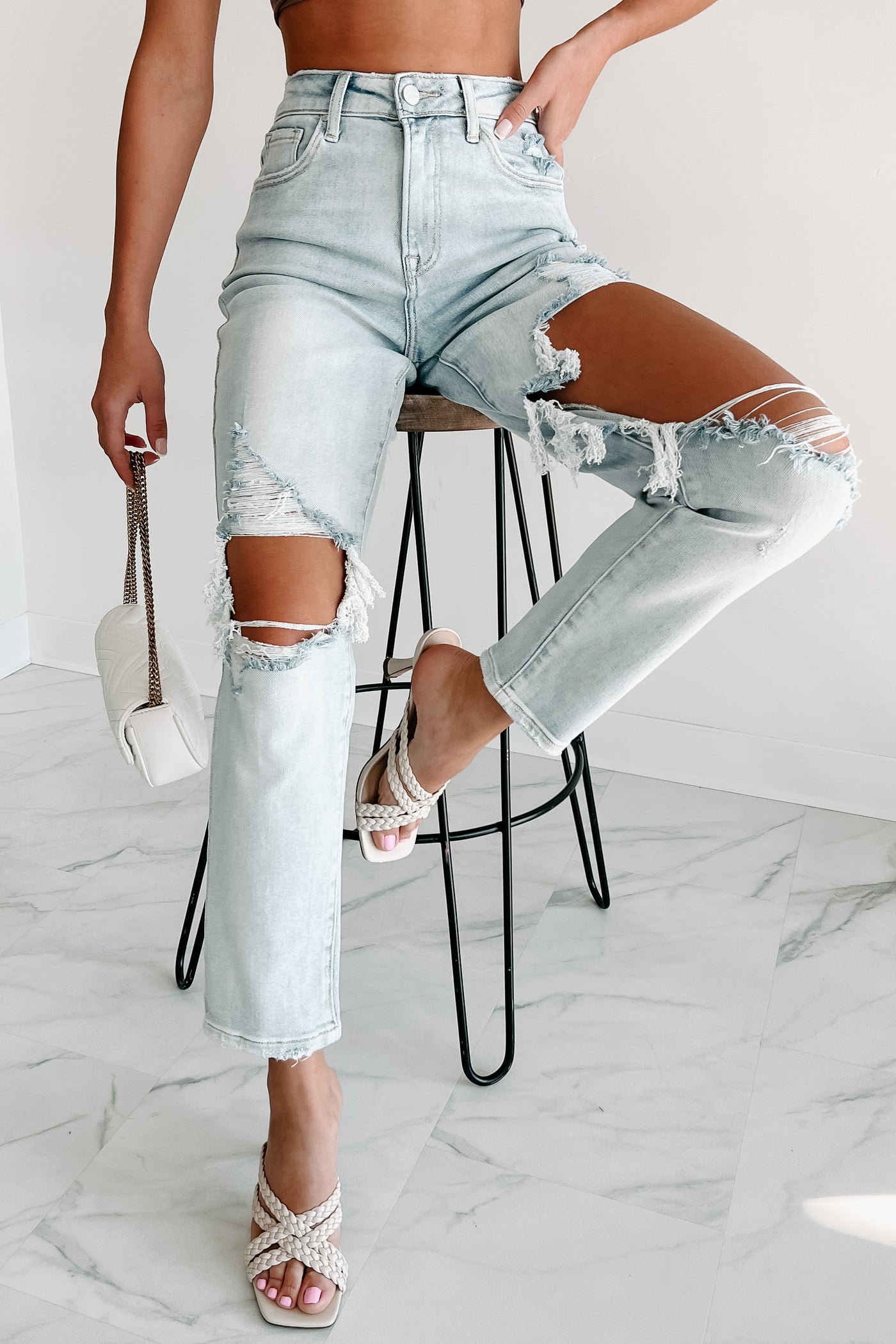Izetta High Rise Distressed Risen Slim Straight Jeans (Light) - NanaMacs