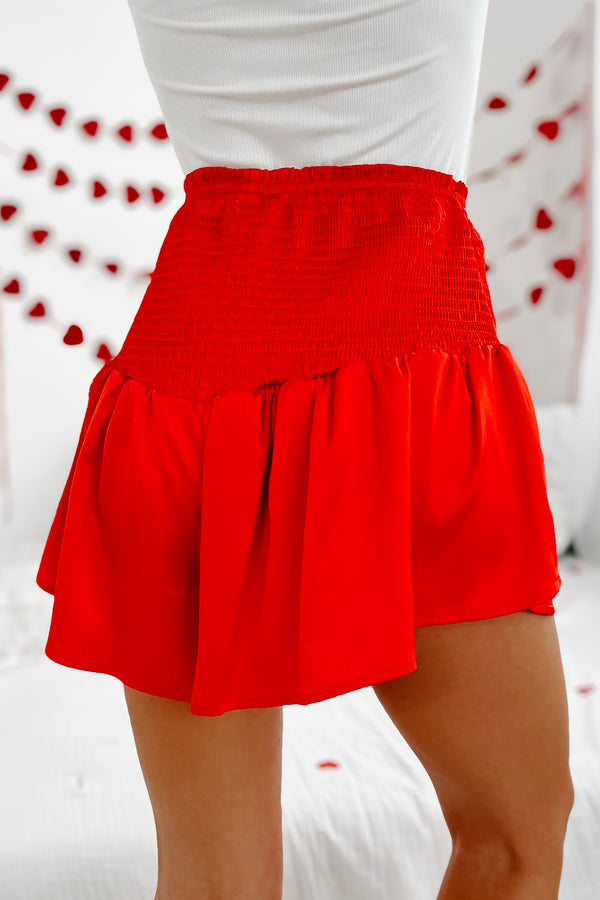 Chic Comfort Smocked Satin Shorts (Red) - NanaMacs