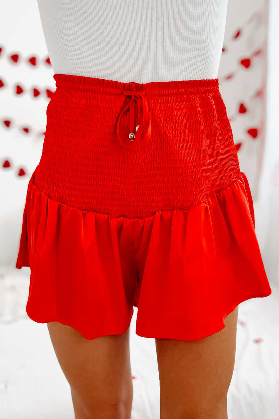 Chic Comfort Smocked Satin Shorts (Red) - NanaMacs