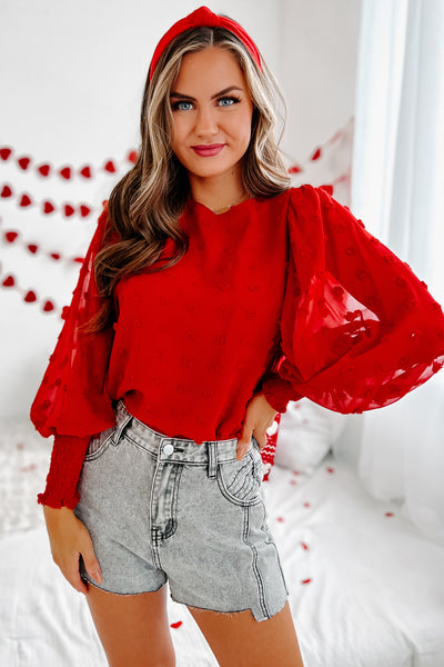 In My Heart Pom Pom Long Sleeve Blouse (Red) - NanaMacs