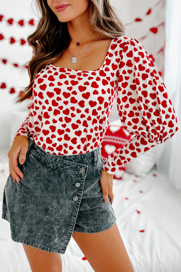 Full Of Love Heart Printed Long Sleeve Top (Red) - NanaMacs