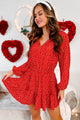 Steal Your Heart Long Sleeve Heart Print Dress (Red) - NanaMacs