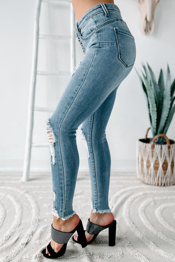 She's Bad High Rise Button-Fly Distressed Skinny Jeans (Light) - NanaMacs