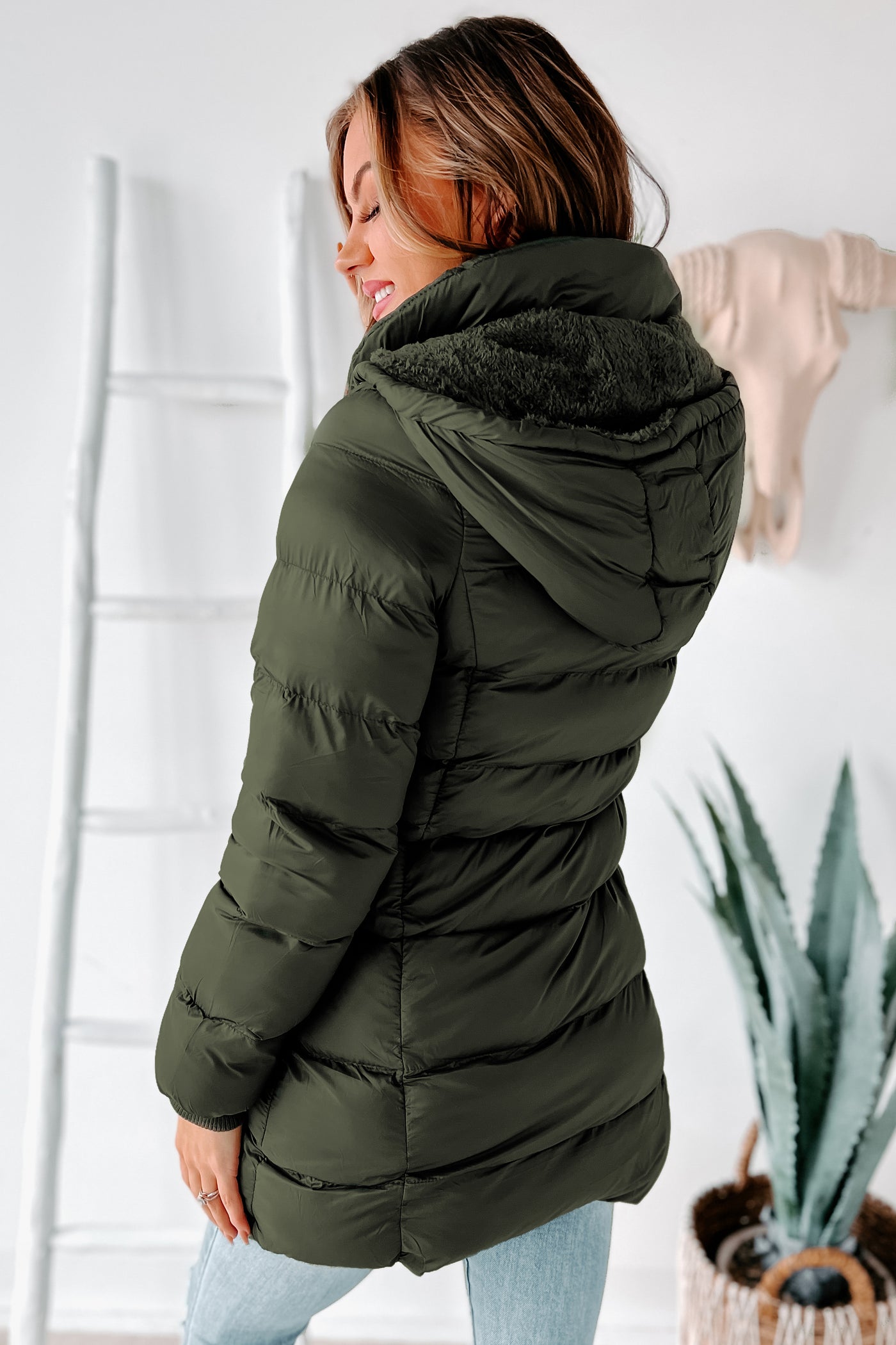 Keeping Warm Knee Length Puffer Coat (Olive Green) - NanaMacs