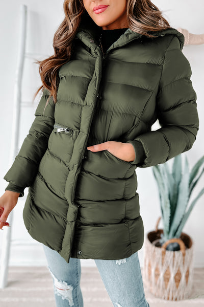 Keeping Warm Knee Length Puffer Coat (Olive Green) - NanaMacs