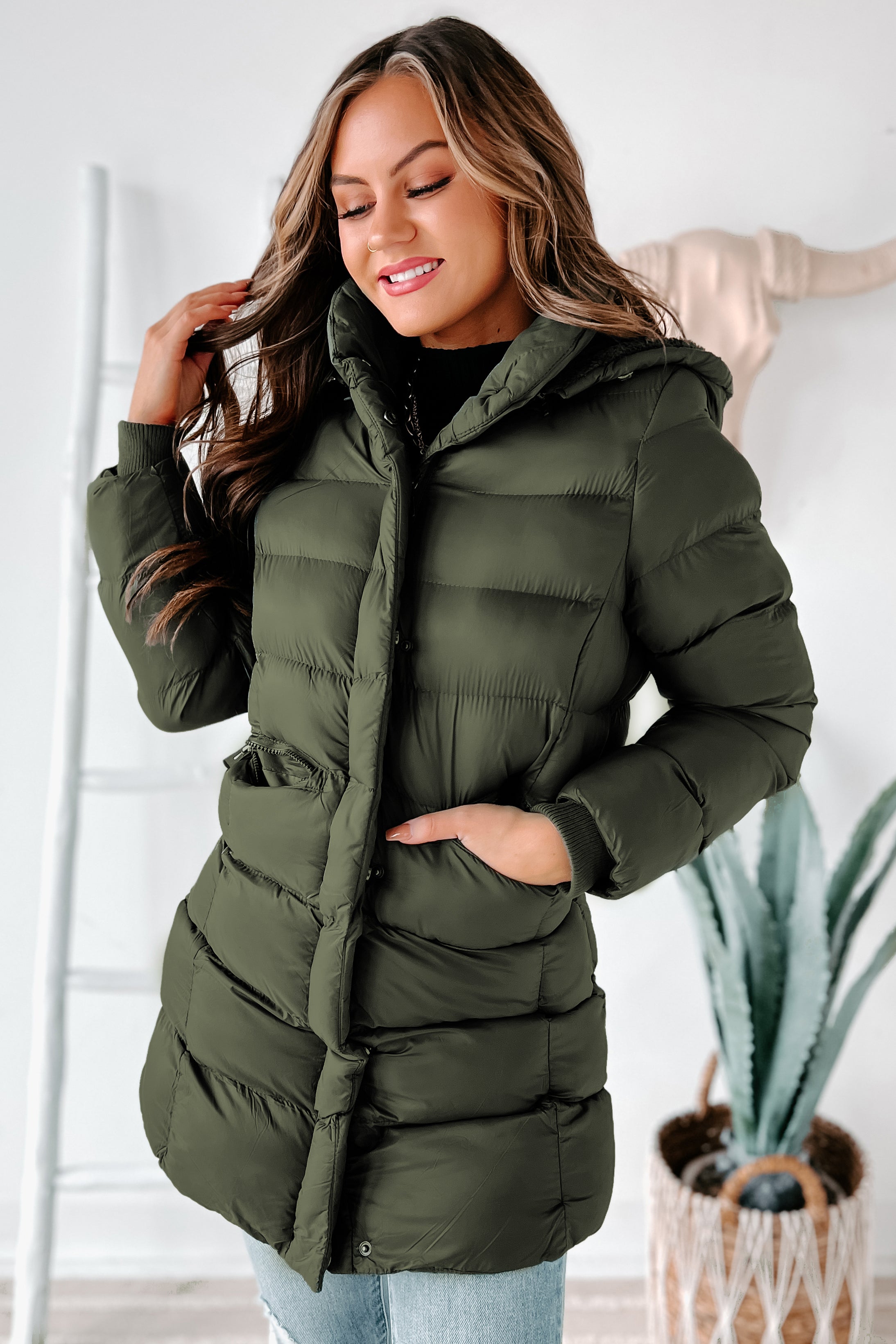 Khaki puffer coat discount with fur hood