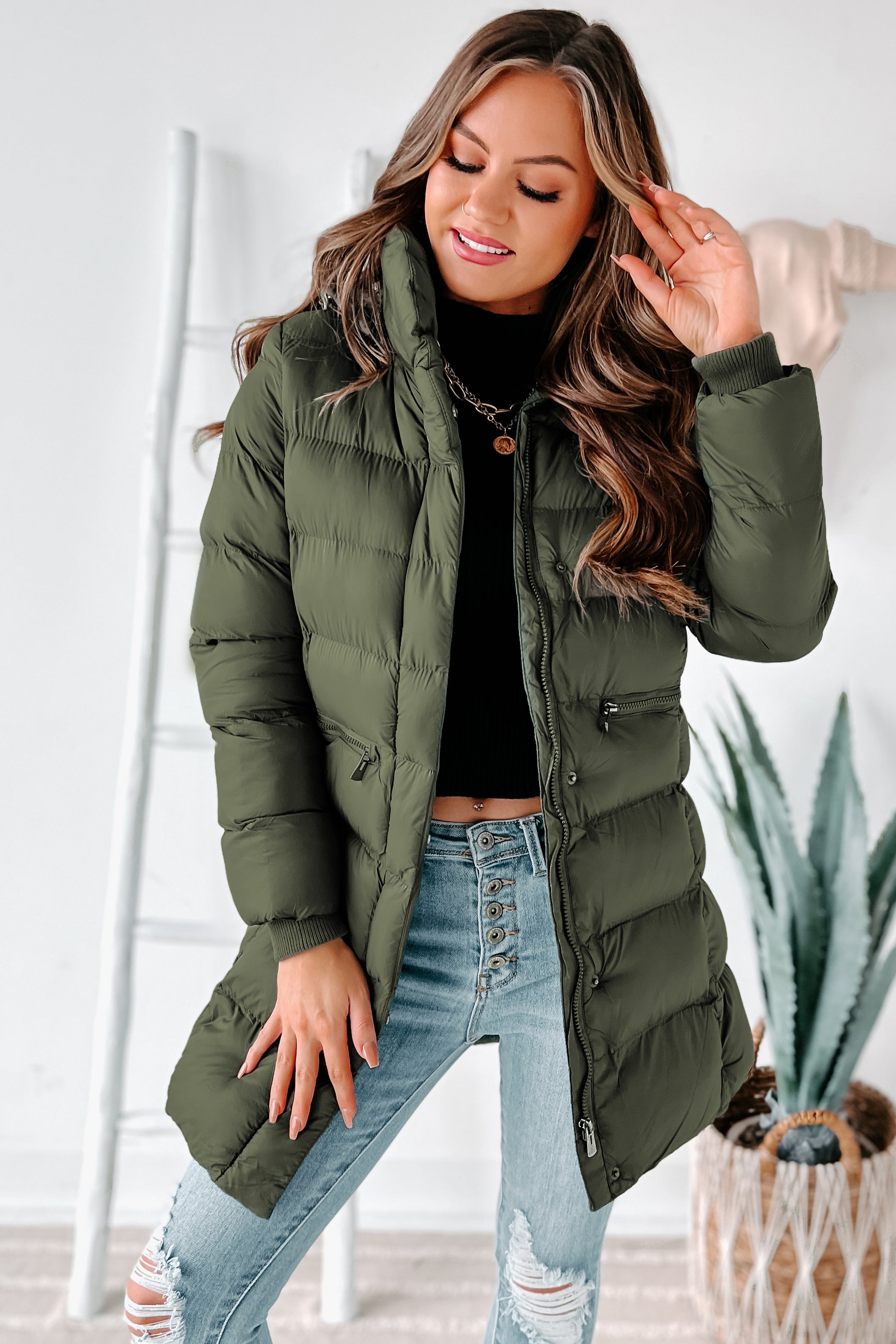 Womens olive clearance green puffer jacket