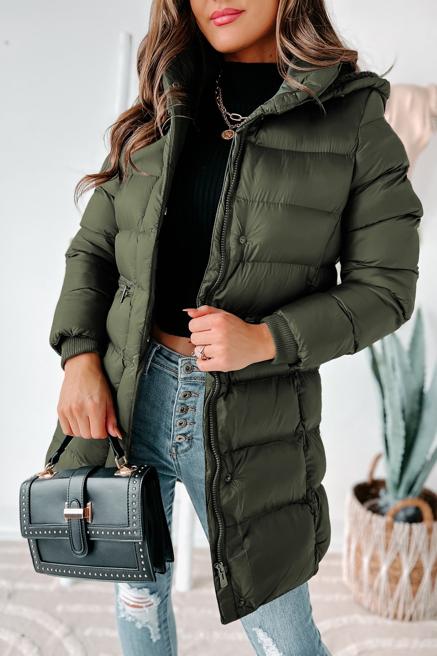 Keeping Warm Knee Length Puffer Coat (Olive Green) - NanaMacs