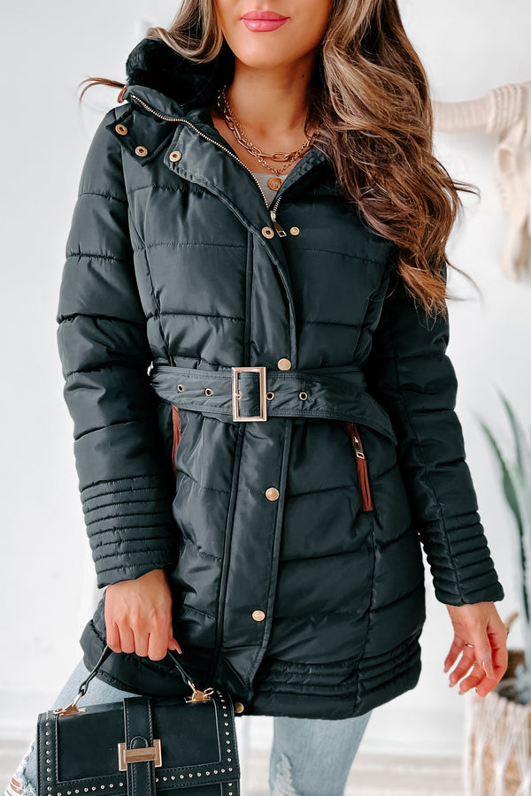 In The Alps Belted Puffer Coat (Black) - NanaMacs