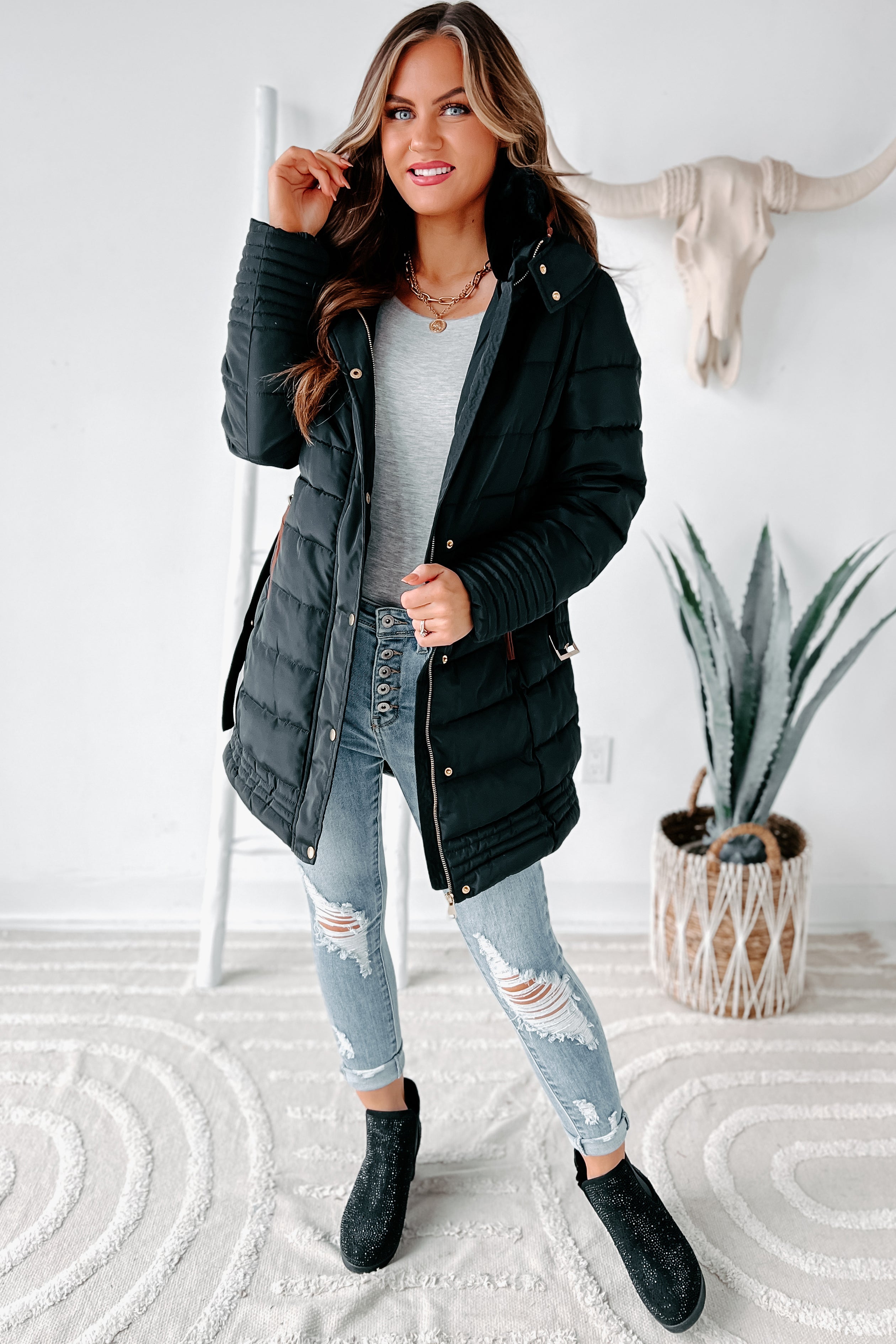 Grey belted puffer store coat