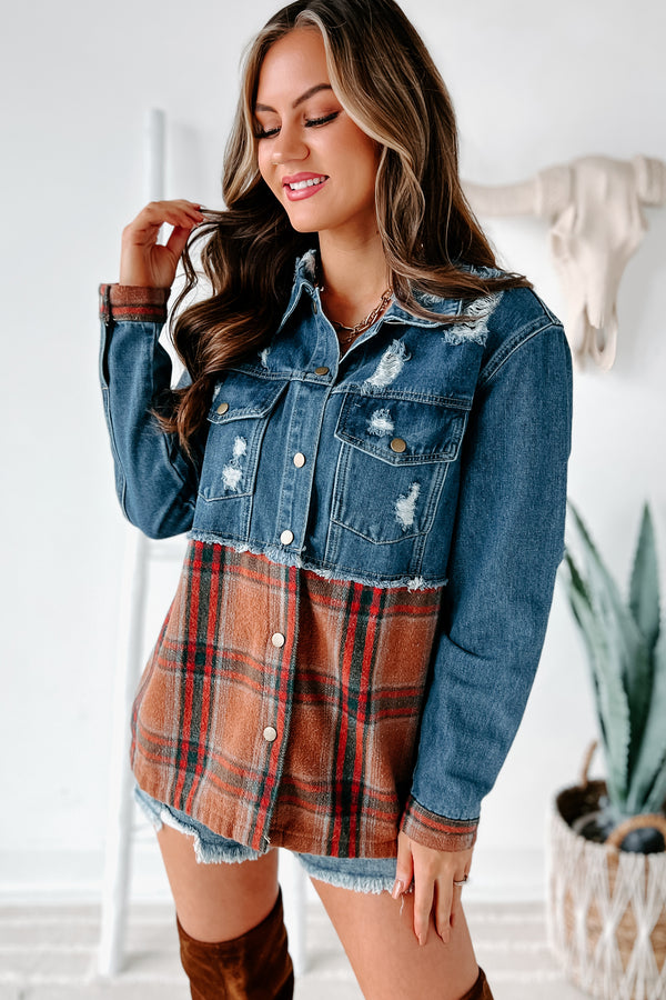 Escape The Ordinary Colorblock Plaid Denim Jacket (Denim Rust) - NanaMacs