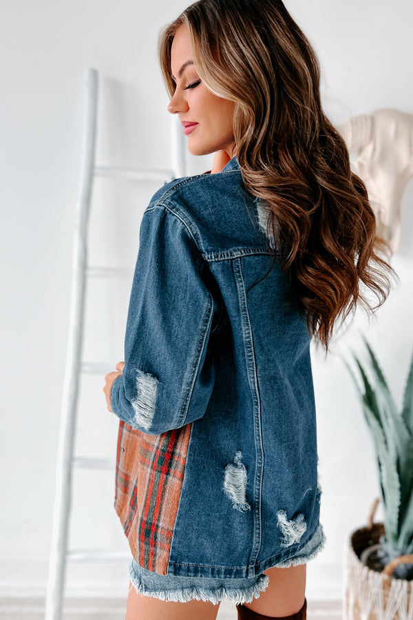 Escape The Ordinary Colorblock Plaid Denim Jacket (Denim Rust) - NanaMacs