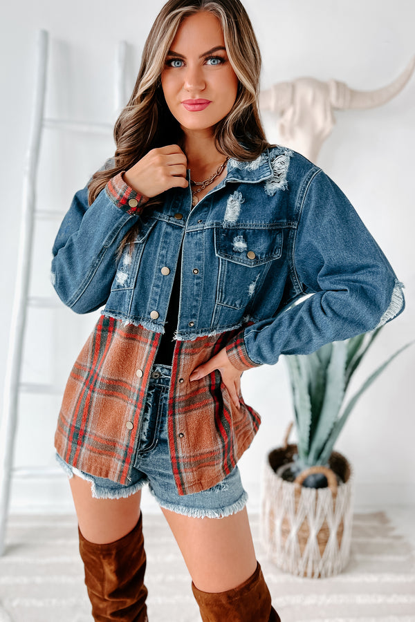 Escape The Ordinary Colorblock Plaid Denim Jacket (Denim Rust) - NanaMacs