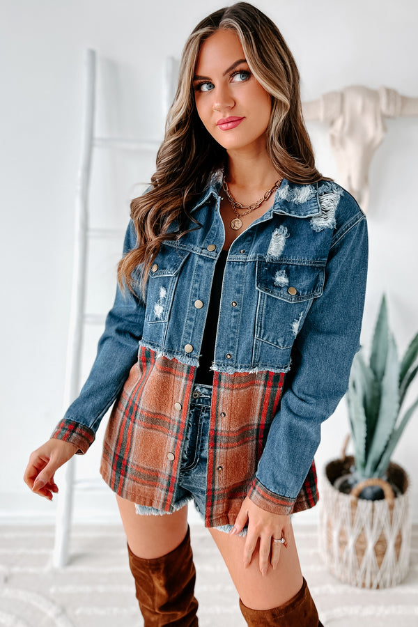 Escape The Ordinary Colorblock Plaid Denim Jacket (Denim Rust) - NanaMacs