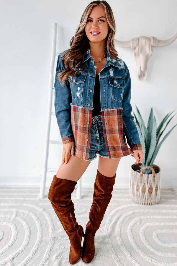 Escape The Ordinary Colorblock Plaid Denim Jacket (Denim Rust) - NanaMacs