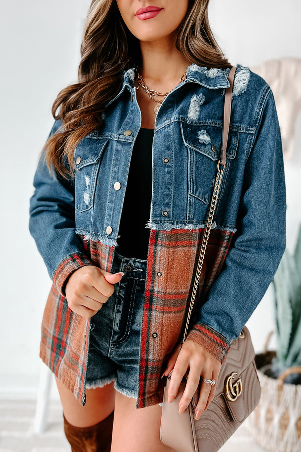 Escape The Ordinary Colorblock Plaid Denim Jacket (Denim Rust) - NanaMacs