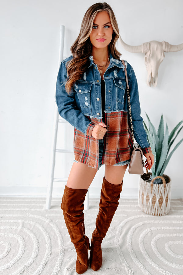 Escape The Ordinary Colorblock Plaid Denim Jacket (Denim Rust) - NanaMacs