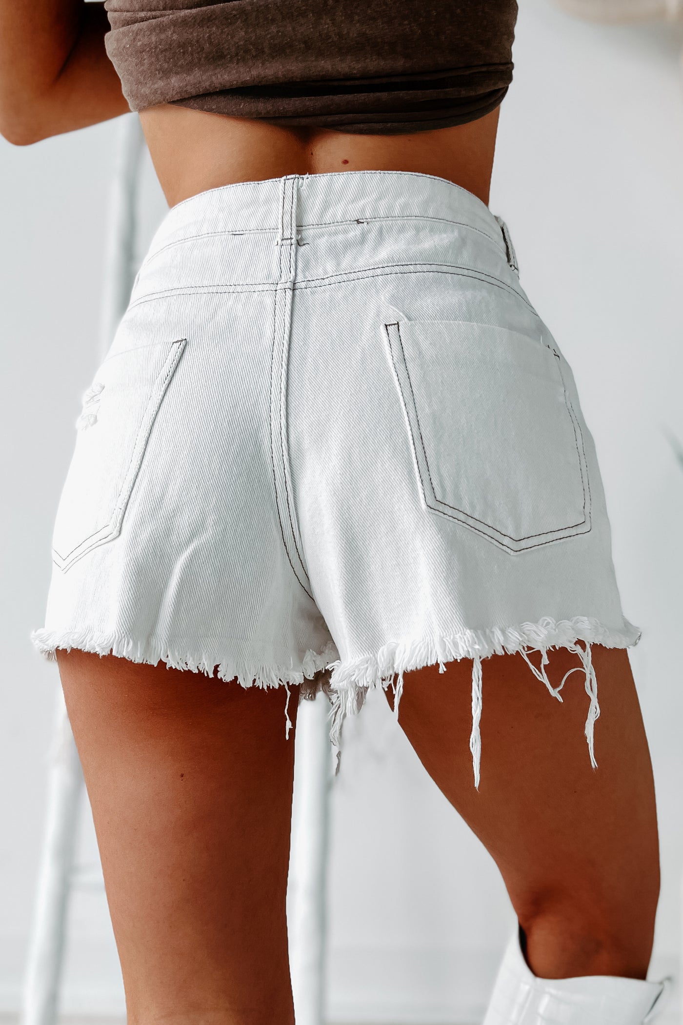 Tati High Rise Distressed Denim Shorts (Off White) - NanaMacs
