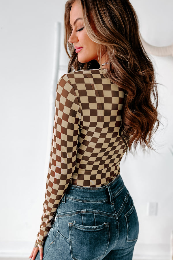 Checked Out Mesh Checker Print Bodysuit (Brown/Tan) - NanaMacs