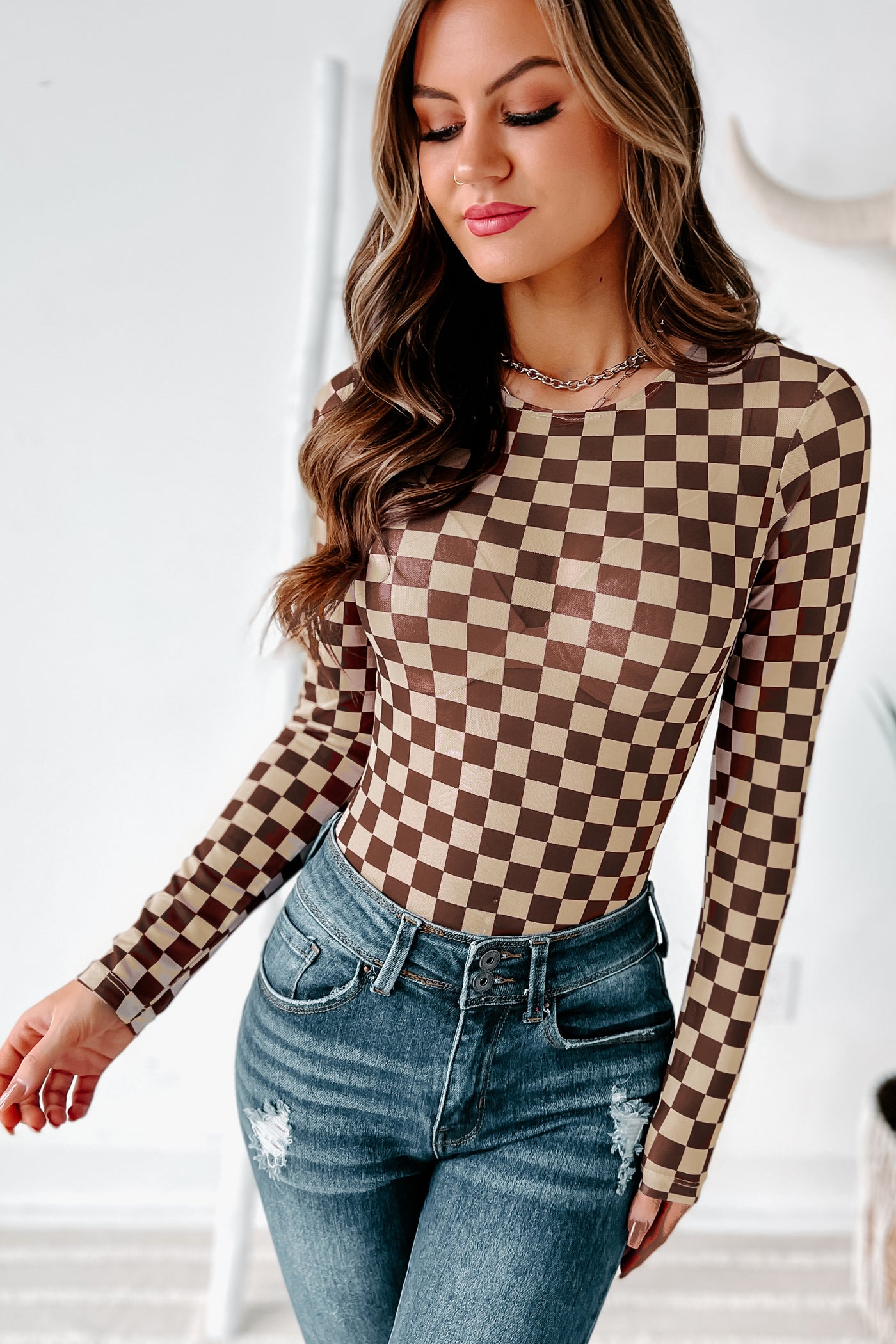 Checked Out Mesh Checker Print Bodysuit (Brown/Tan) · NanaMacs