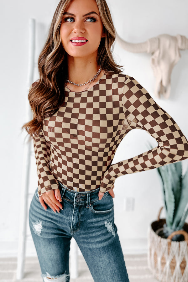 Checked Out Mesh Checker Print Bodysuit (Brown/Tan) - NanaMacs