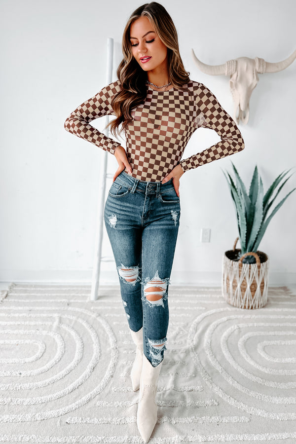 Checked Out Mesh Checker Print Bodysuit (Brown/Tan) - NanaMacs