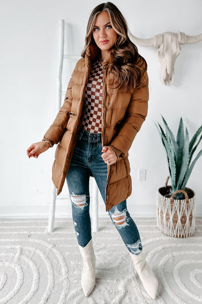 Keeping Warm Knee Length Puffer Coat (Mocha) - NanaMacs